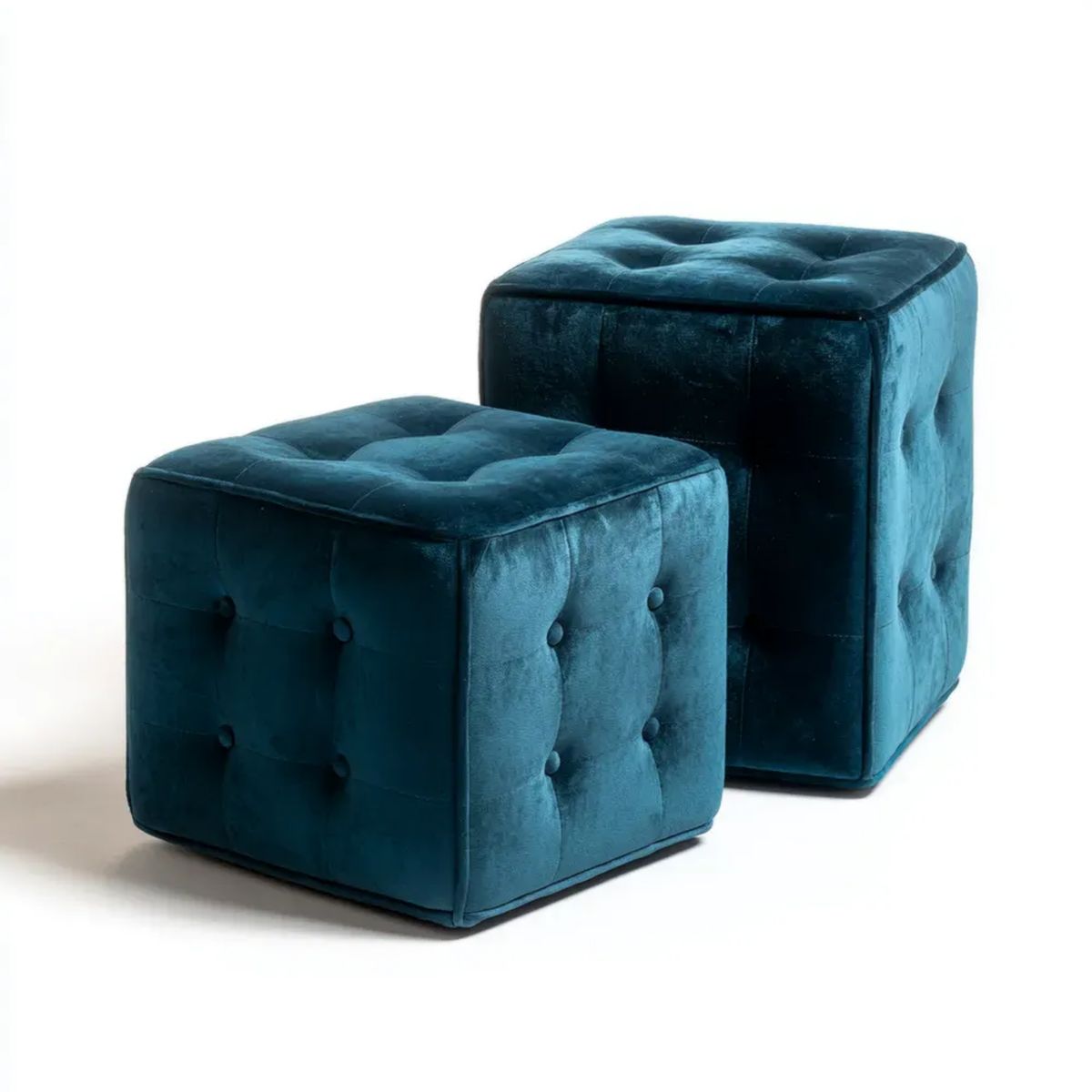 Zestaw 2 kwadratowych puf z aksamitu poliestrowego, granatowy, 38 x 38 x 38 cm i 44 x 44 x 44 cm