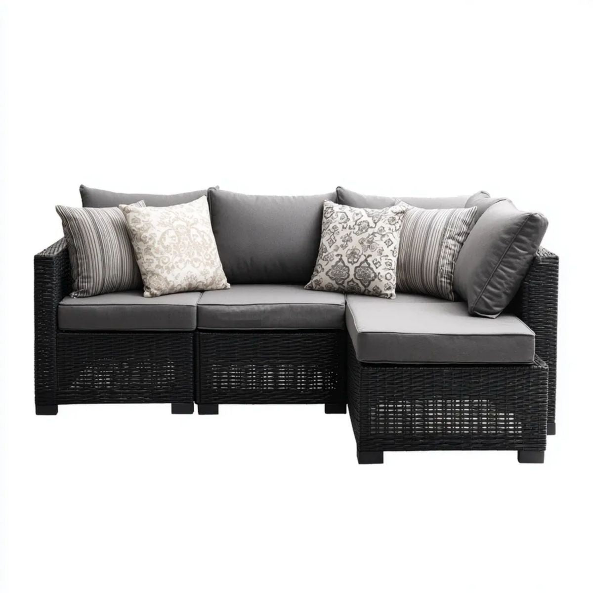 3-osobowa narożna sofa ogrodowa z technorattanu, czarna z szarymi i beżowymi poduszkami, 205 x 145 x 85 cm