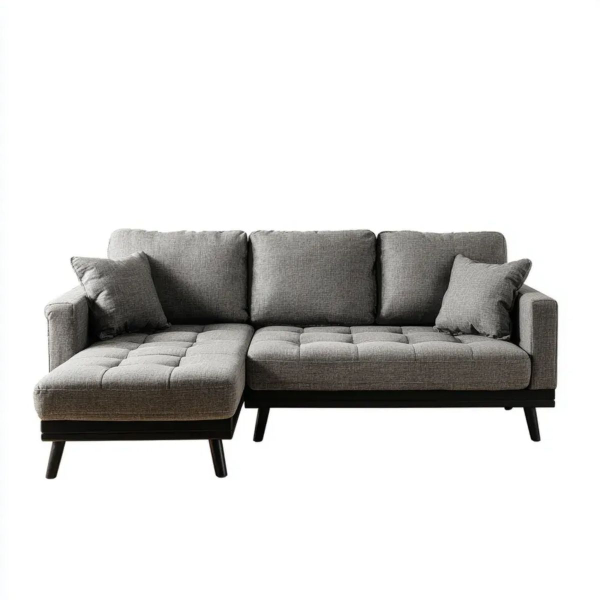 Szara sofa narożna 3-osobowa z lewostronnym szezlongiem, poliestrowa, 230 × 150 × 85 cm, kształt L