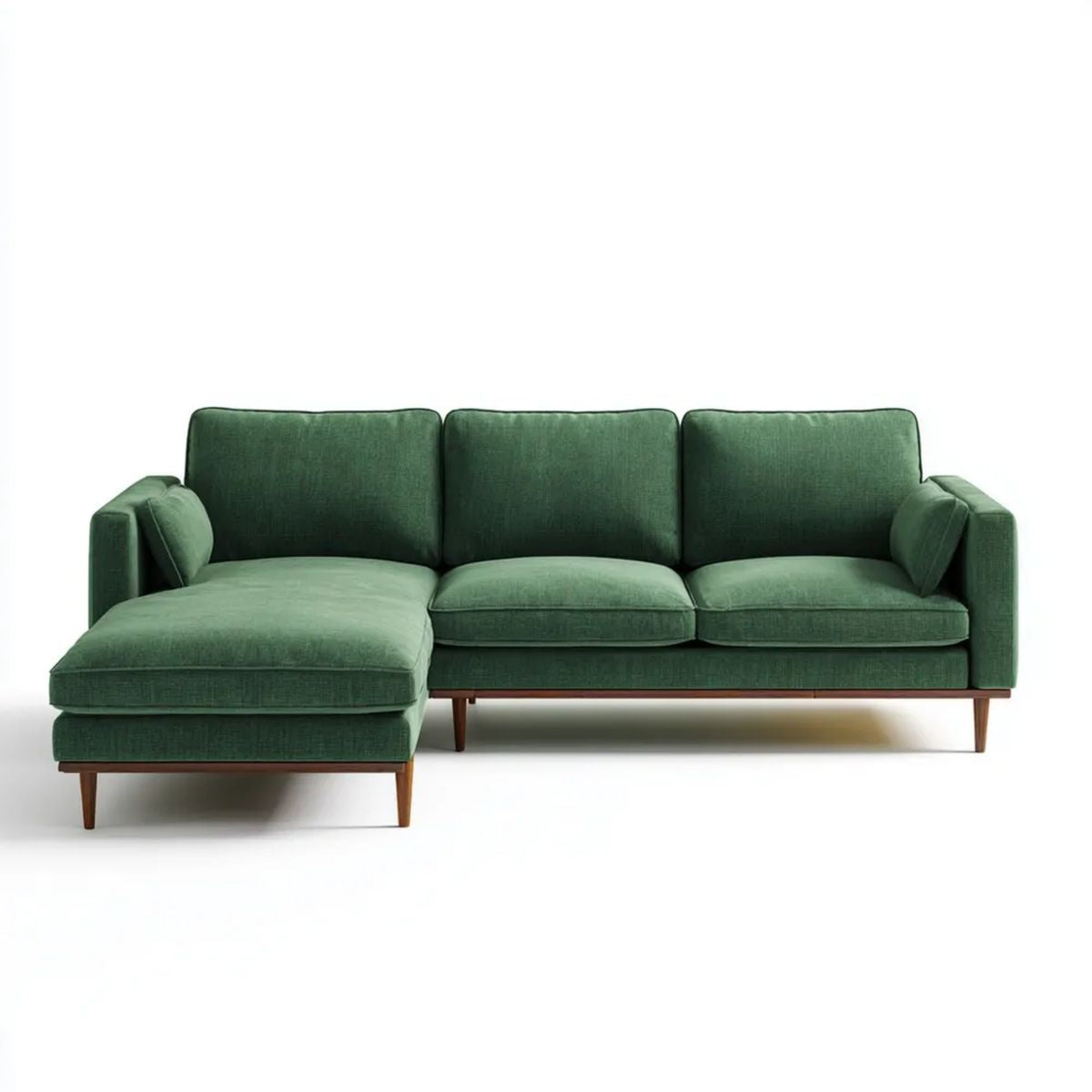 Zielona sofa narożna z lewostronnym szezlongiem, tapicerowana poliestrem, 240 x 150 x 85 cm