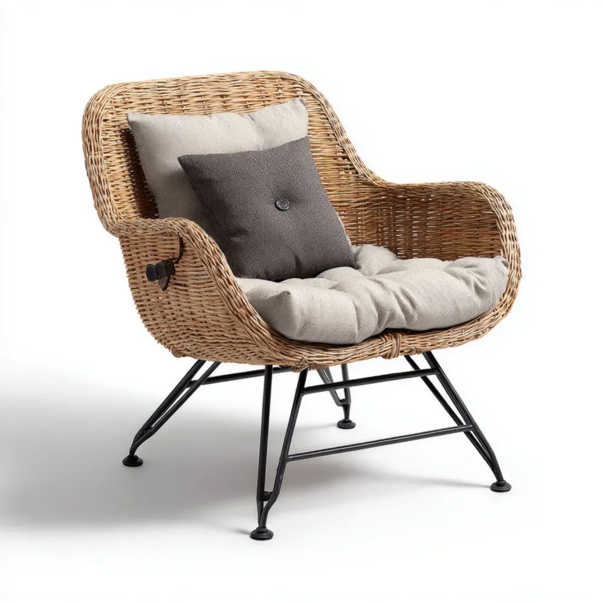 Ogrodowy fotel wypoczynkowy z regulowanym oparciem, naturalny rattan i czarna stal, 70 x 78 x 92 cm