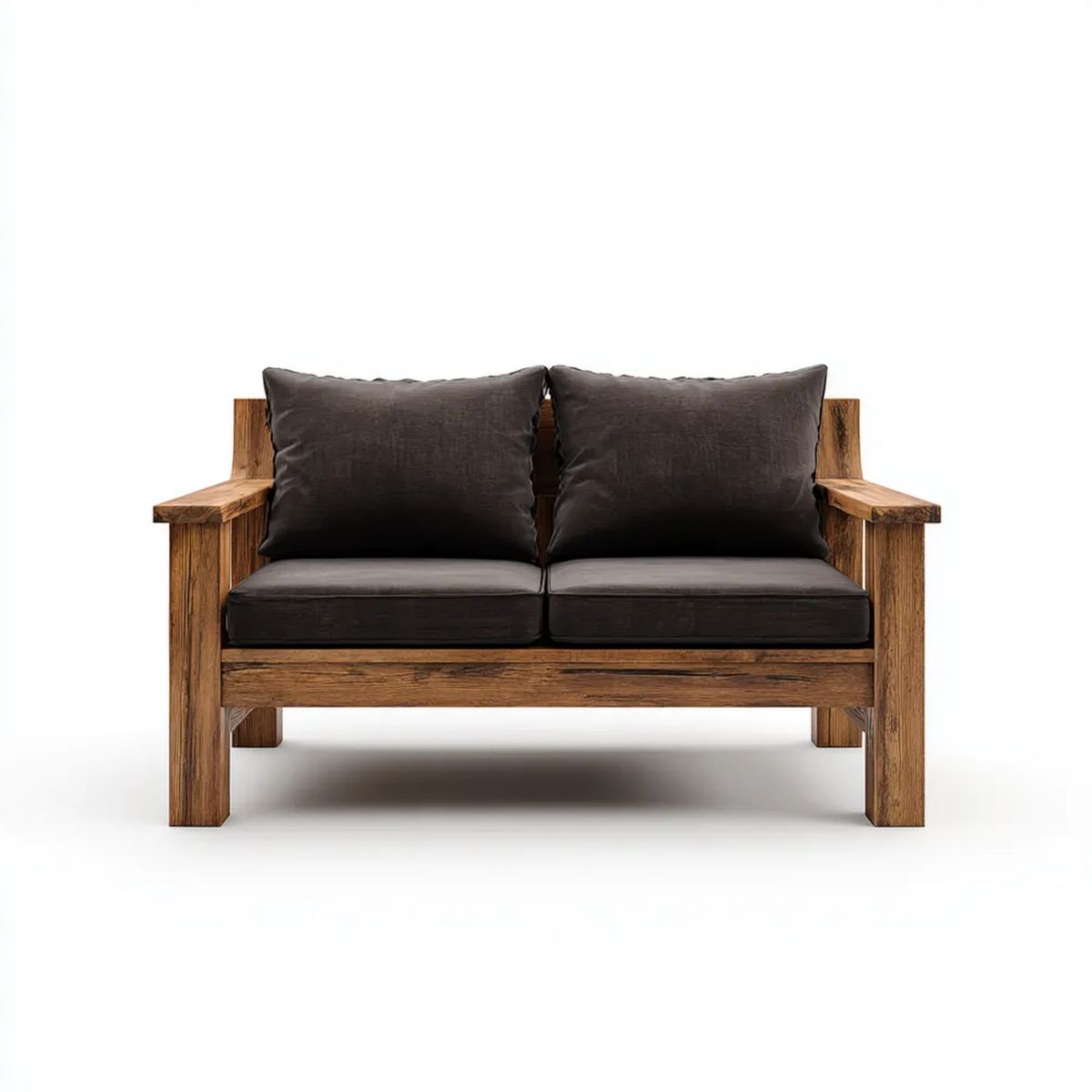Dwuosobowa sofa brązowa z litego drewna akacjowego i poliestru, 140 x 80 x 78 cm