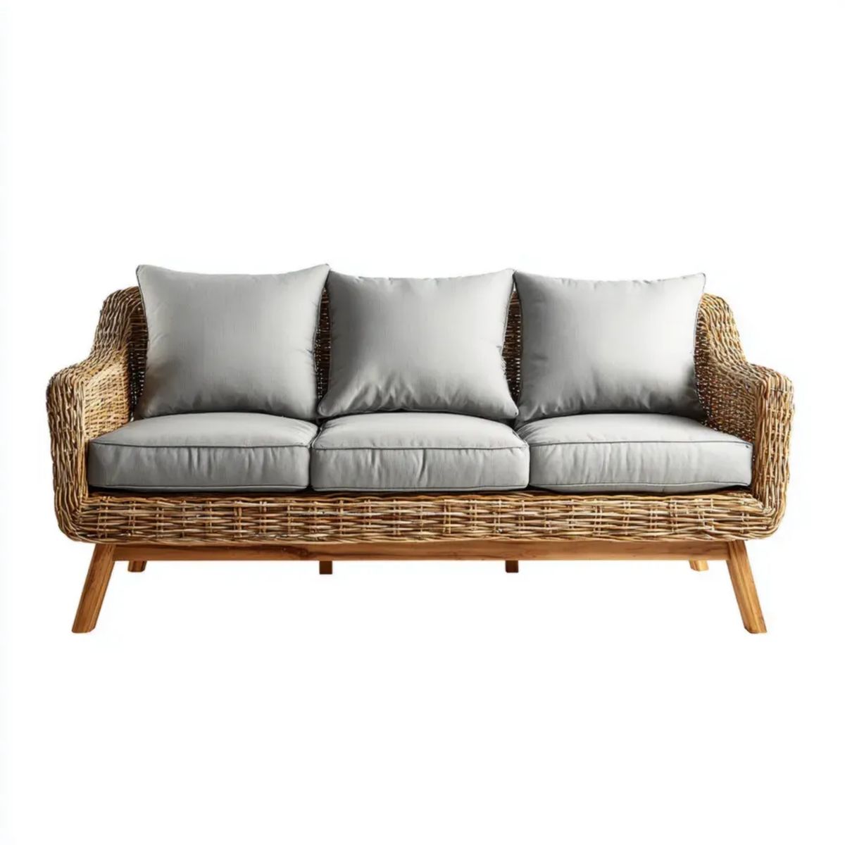 3-osobowa sofa ogrodowa z rattanu i drewna litego, szara, 200 x 75 x 80 cm