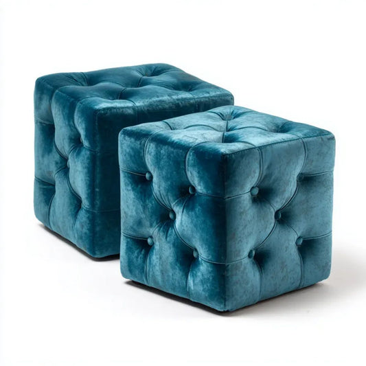 Zestaw 2 tapicerowanych puf kostek z aksamitu, morski, 45 × 45 × 45 cm i 38 × 38 × 38 cm