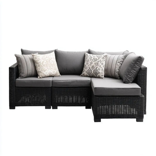 3-osobowa narożna sofa ogrodowa z technorattanu, czarna z szarymi i beżowymi poduszkami, 205 x 145 x 85 cm