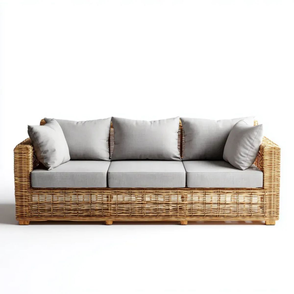 Trzyosobowa sofa ogrodowa z rattanu naturalnego jasnobrązowa z szarymi poduszkami, 220 × 85 × 80 cm