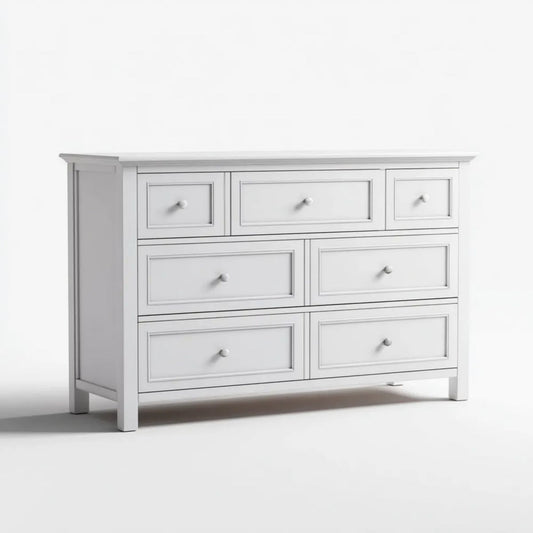 Biała komoda z 7 szufladami z płyty MDF, 140 × 45 × 95 cm