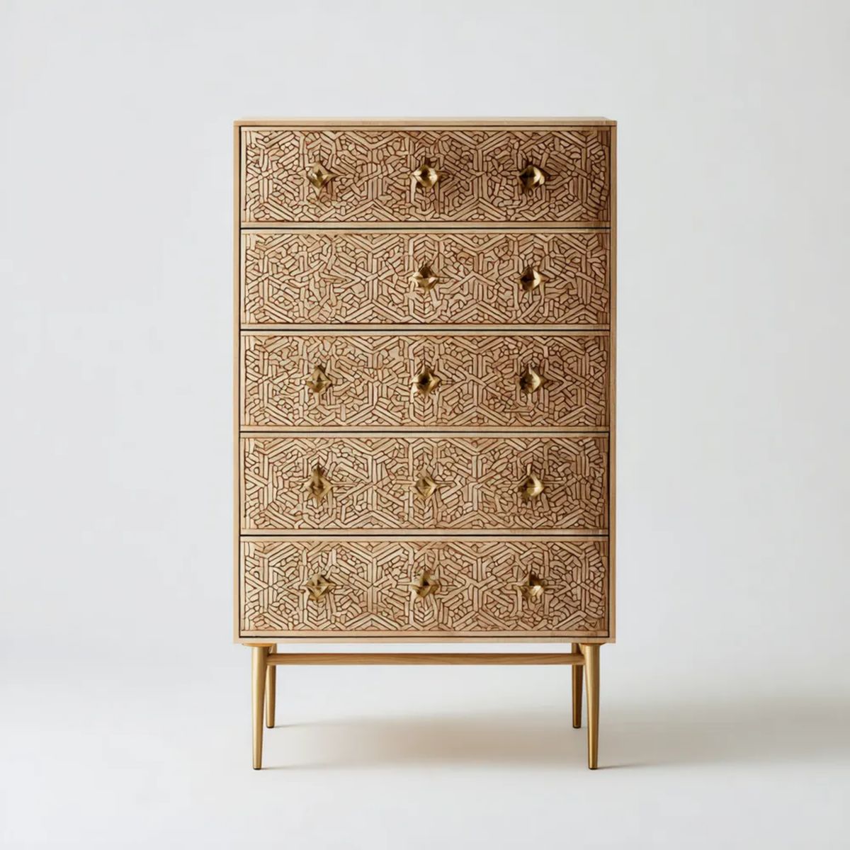 Prostokątna komoda z 5 szufladami z MDF, beżowo-złota, 80 × 40 × 140 cm