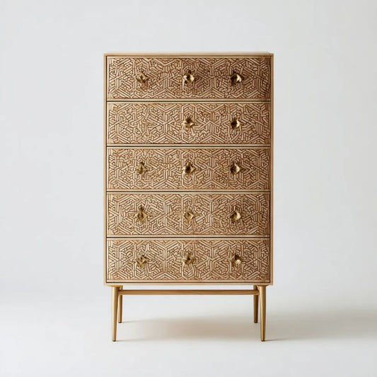 Prostokątna komoda z 5 szufladami z MDF, beżowo-złota, 80 × 40 × 140 cm