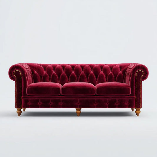 Trzyosobowa sofa Chesterfield z aksamitu, bordowa, 220 x 90 x 78 cm