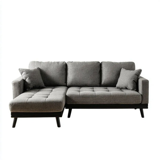 Szara sofa narożna 3-osobowa z lewostronnym szezlongiem, poliestrowa, 230 × 150 × 85 cm, kształt L