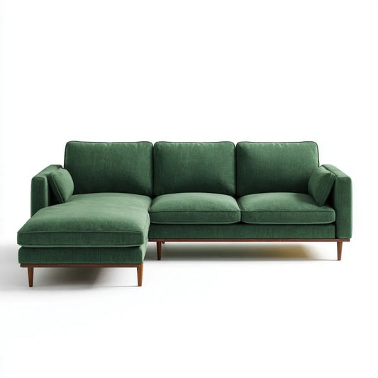 Zielona sofa narożna z lewostronnym szezlongiem, tapicerowana poliestrem, 240 x 150 x 85 cm