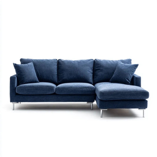 Granatowa sofa narożna z prawostronnym szezlongiem, tapicerka poliestrowa, 280 × 160 cm