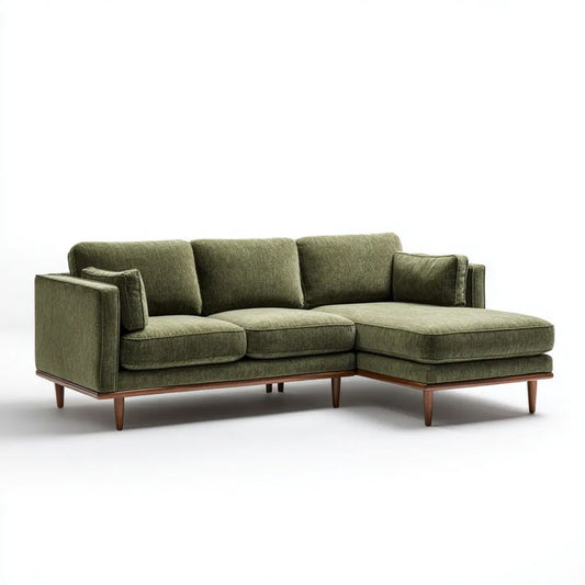 Prawostronna sofa narożna z szezlongiem z tkaniny, oliwkowozielona, 250 × 160 × 85 cm