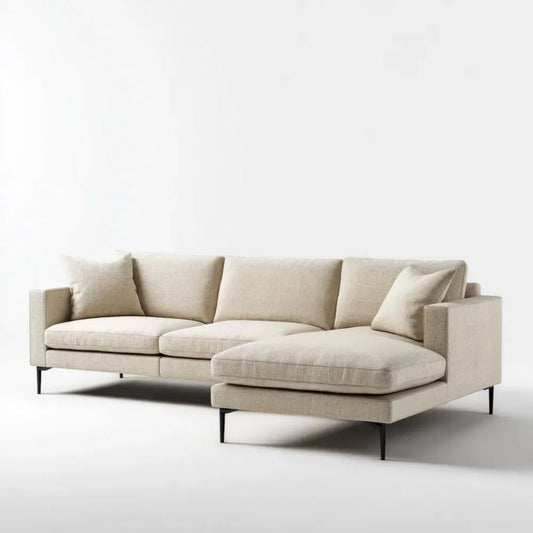 Beżowa 3-osobowa sofa narożna w kształcie L z tapicerką poliestrową, 280 × 165 × 85 cm