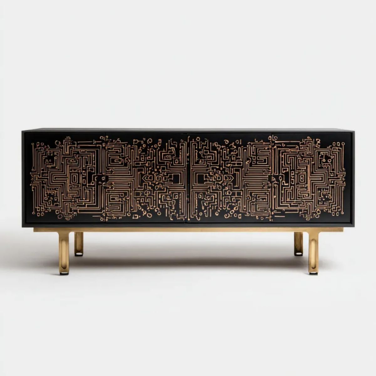 Komoda czarno-złota z płyty MDF i stali, 160 × 40 × 75 cm