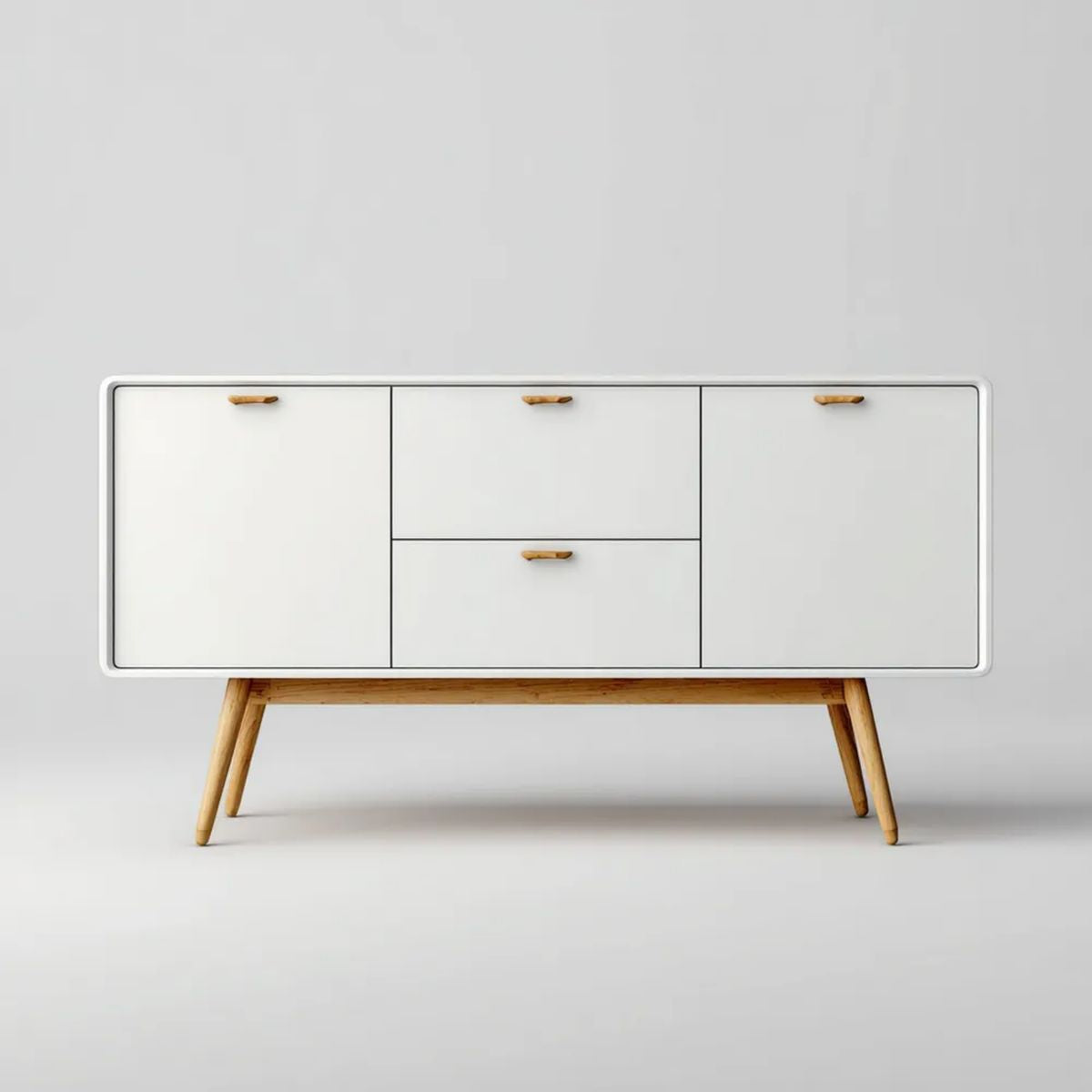 Biała komoda z MDF i drewnianymi nogami sosnowymi 150 x 40 x 85 cm