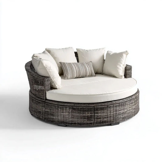 Półokrągła sofa ogrodowa z technorattanu grafitowa z kremowymi poduszkami, 170 × 100 × 80 cm