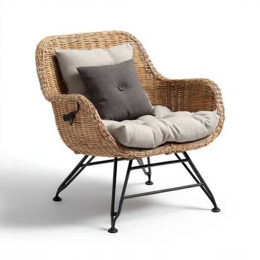 Ogrodowy fotel wypoczynkowy z regulowanym oparciem, naturalny rattan i czarna stal, 70 x 78 x 92 cm