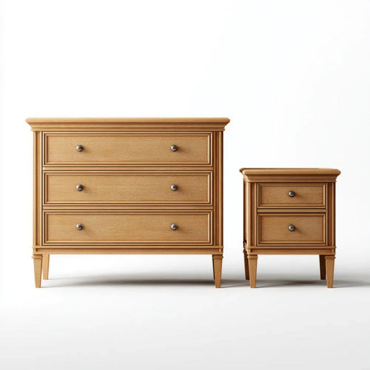 Zestaw mebli MDF: komoda 3-szufladowa 120 x 45 x 90 cm i szafka nocna 2-szufladowa 55 x 40 x 70 cm, jasnobrązowy