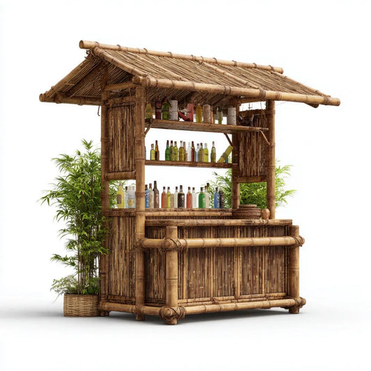 Bambusowy bar ogrodowy z 3 półkami i dwuspadowym zadaszeniem, naturalny brąz, 150 x 70 x 210 cm