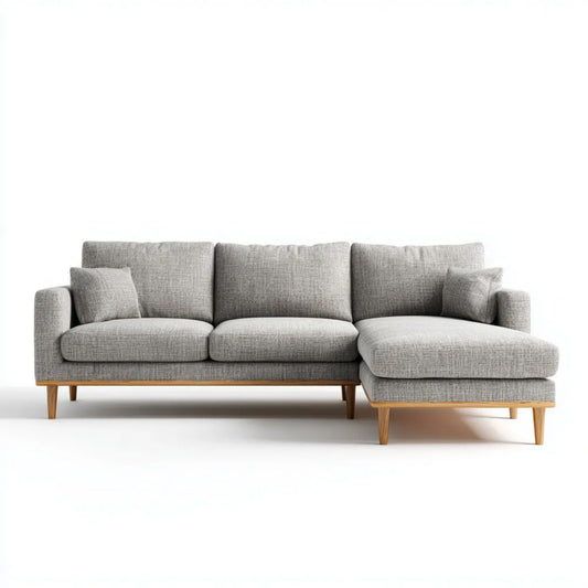 Prawostronna sofa narożna z szezlongiem z poliestru, jasnoszara, 260 × 160 × 85 cm, w kształcie L