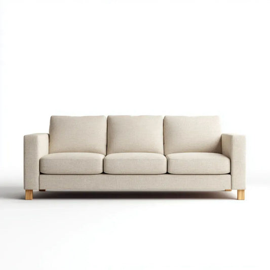Sofa trzyosobowa beżowa z tapicerką poliestrową i nogami z litego drewna 210 x 85 x 85 cm