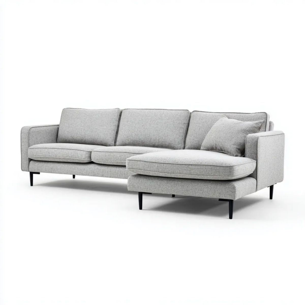 Szara sofa narożna w kształcie L z prawostronnym szezlongiem, tapicerka poliestrowa, 260 x 160 x 85 cm