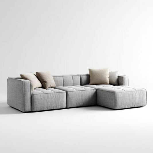 Modułowa sofa narożna 4-osobowa w kształcie L z szezlongiem, szara/beżowa, tapicerowana tkaniną, 290 × 170 × 72 cm