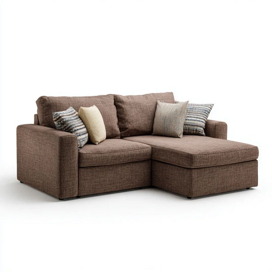 Brązowa sofa narożna z prawostronnym szezlongiem, tapicerka poliestrowa, 200 x 145 x 85 cm