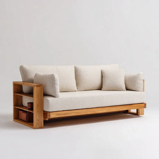 Sofa 3-osobowa beżowa z półkami z drewna dębowego 220 × 90 × 82 cm