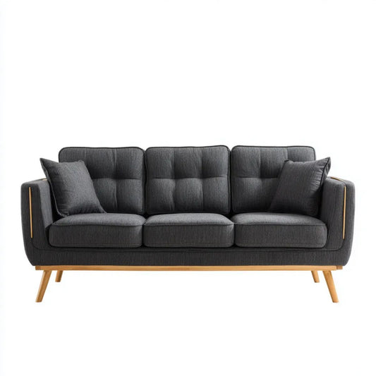 Sofa trzyosobowa ciemnoszara z tapicerką poliestrową i nogami z litego drewna, 210 x 85 x 88 cm