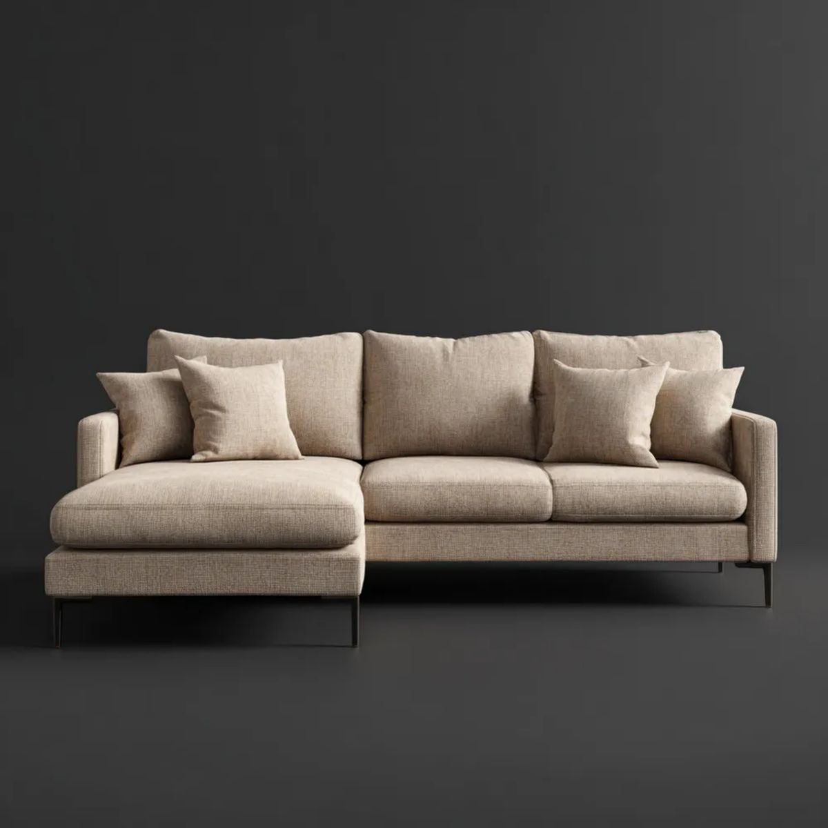 Beżowa sofa narożna w kształcie L z lewostronnym szezlongiem z tkaniny, 280 × 165 × 85 cm